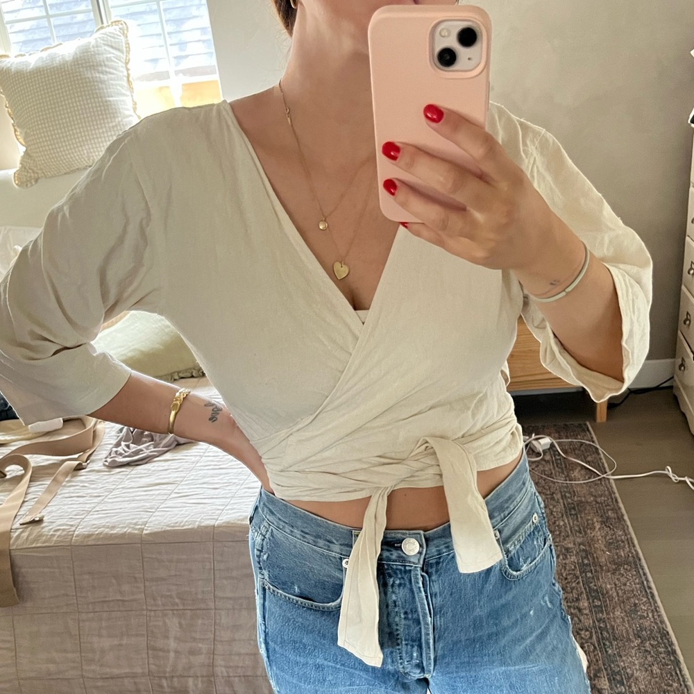 OZMA Silk Noil Cropped Wrap Top